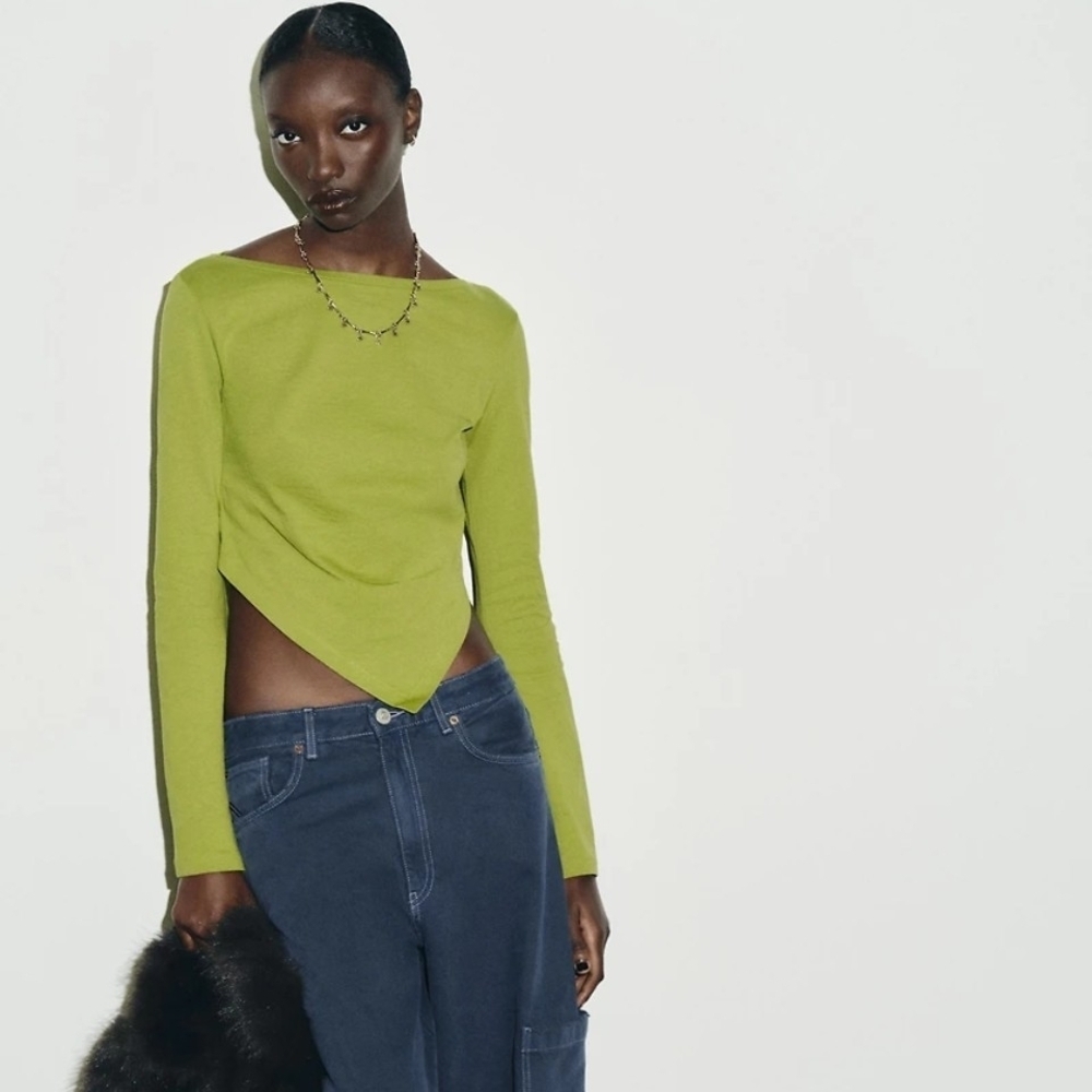 NWT Zara Asymmetric Boat Neck Cropped Long Sleeve Top In Lime Green - M